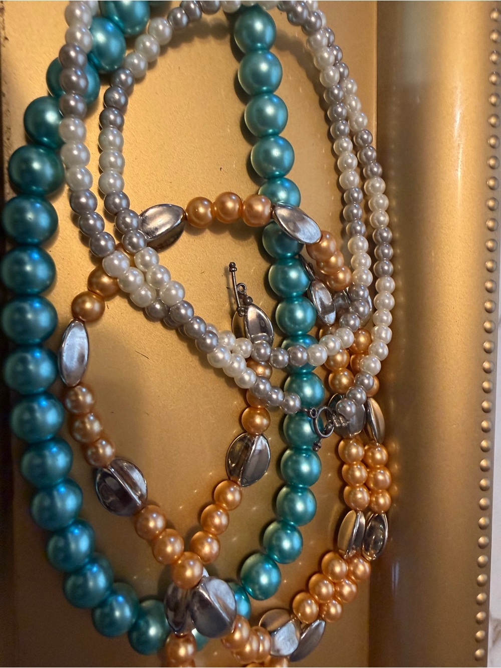 Elegant Multi-Strand Pearl Bead Necklace in Teal, Gold & White